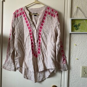 J.Crew XS Embroidered Striped Linen Tunic Top Long Sleeve Casual Blouse tan pink